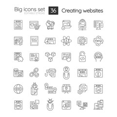 Building website linear icons set. Web traffic. Information architecture. Content. Customizable thin line symbols. Isolated vector outline illustrations. Editable stroke. Quicksand-Light font used