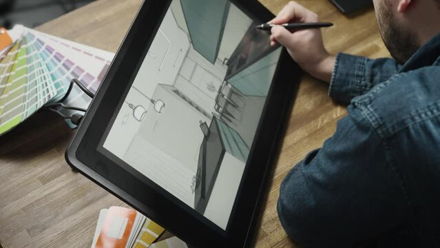 A professional illustrator designer is working on the interior of a modern kitchen. A man creates a digital image using an interactive graphics tablet