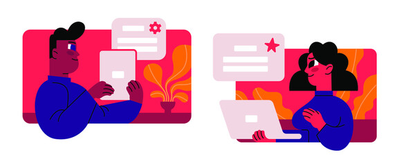 Team communication concept. Project management, cooperation, interaction of employees at work. Workflow organization. Simple flat  vector illustration on white background