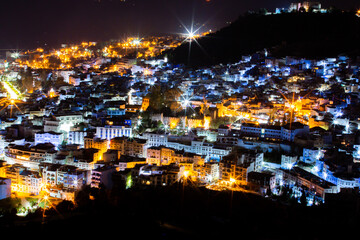 Cityscape of the blue city Chefchaouen by night