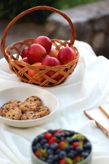 Picninc blanket with straw bag, bowl of strawberries and blueberries, bowl of chocolate chip cookies, books, sunglasses and basket of apples in the garden. Selective focus.