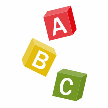 Wooden alphabet cubes with letters A, B, C, color vector isolated illustration