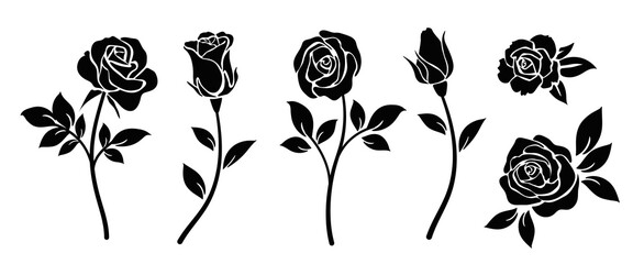 Set of decorative rose with leaves. Flower silhoutte. Vector illustration - obrazy, fototapety, plakaty