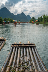 Close up of bamboo raft on a tropical river