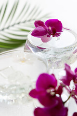 Transparent cocktail in a glass decorated with purple orchid flowers close up