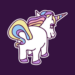 Colored cute unicorn. Sketch illustration of unicorn sticker isolated on dark background. Cute happy character.