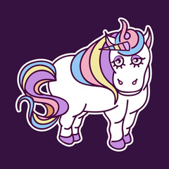 Colored cute unicorn. Sketch illustration of unicorn sticker isolated on dark background. Cute happy character.
