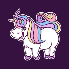 Colored cute unicorn. Sketch illustration of unicorn sticker isolated on dark background. Cute happy character.