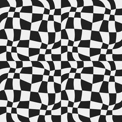Checkerboard twisted pattern, can be seamless. Decoration and print for surfaces, decor decoration. Black and white checkers.