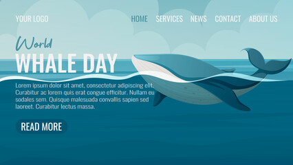 World whale day, protection of marine mammals, inhabitants of the oceans. Seascape, vector illustration, cartoon marine style. For web template, website interface, landing page
