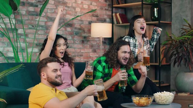 Very excited screaming fan supporting team meeting together at home to watch a football match they getting cheerful when favourite team gives a goal