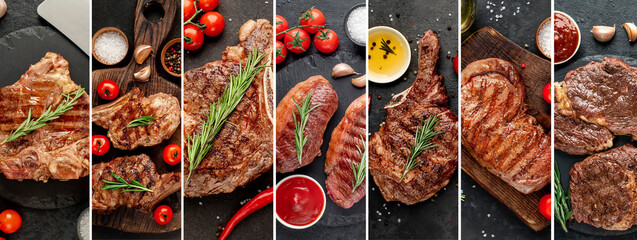 Grilled beef steak. Banner, collage. View from above.