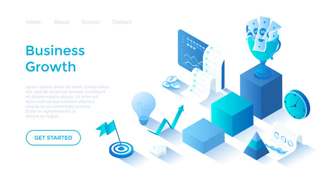 Business Growth and Success. Steps to Financial Achievement, Management, Marketing. Arrow, winner's cup with money, target. Isometric illustration. Landing page template for web on white background.