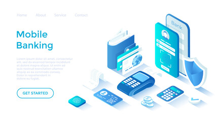 Mobile banking, Financial online service. Financial transactions via smartphone, payment, credit, deposit. Isometric illustration. Landing page template for web on white background.