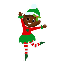 The Christmas elf smiles happily and jumps with his arms outstretched. Character design in cartoon style isolated on white background.