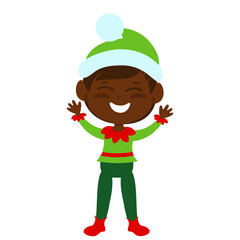Little cute elf stands straight and smiles cheerfully. Mood of fun, Christmas and holiday. Christmas illustration in cartoon style isolated on white background.