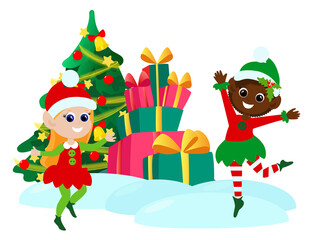 Christmas elves near boxes with gifts and a Christmas tree. Children are happy and they smile and jump. The mood of joy. Winter holiday cartoon illustration isolated on white background.