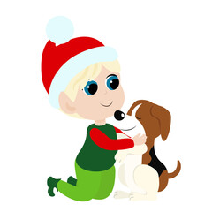 Cute baby elf sits and hugs a puppy. The boy and the pet are happy. The mood of joy and vorstorga. Cartoon illustration of Christmas holiday isolated on white background.