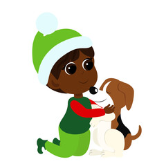 Christmas elf sits and hugs a puppy. The boy and the pet are happy. The mood of joy. Winter holiday cartoon illustration isolated on white background.