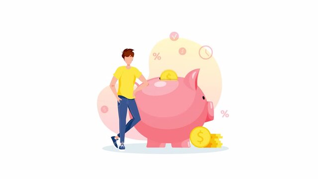 Piggy bank in the form of a piglet, man and coin. Money saving or accumulating, Financial services, Deposit concept. Animation video.