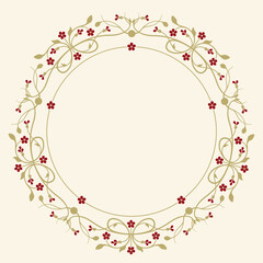 Circular Frame Ornament with Golden Tendrils, Leaves And Small Burgundy Flowers On A Beige Background