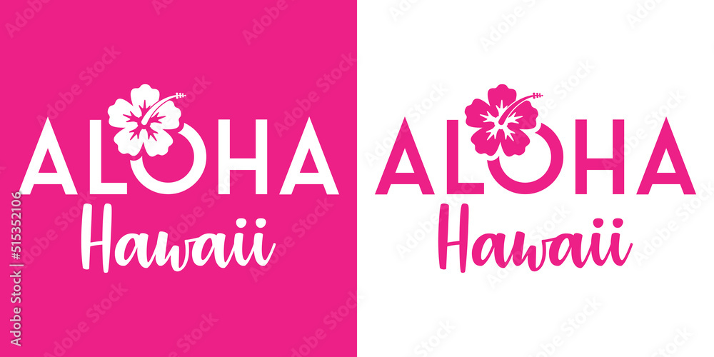 Wall mural Banner con texto manuscrito Aloha Hawaii con silueta de flor de hibisco. Logo vacaciones. Vector en fondo rosa y fondo blanco