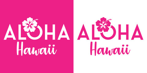 Banner con texto manuscrito Aloha Hawaii con silueta de flor de hibisco. Logo vacaciones. Vector en fondo rosa y fondo blanco © teracreonte
