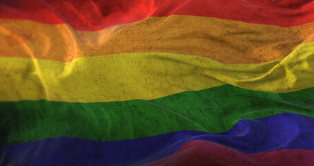 Old rainbow flag, LGBT pride Flag waving at wind