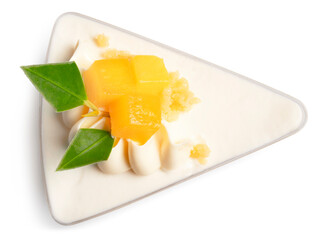 Mango mousse cake isolated on white background. Clipping path