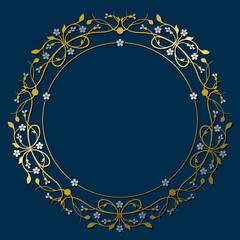 Circular Frame Ornament with With Golden Tendrils, Leaves And Silver Forget-me-not Flowers On A Dark Blue Background