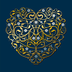 Flourish, Ornamental Heart with With Golden Tendrils, Leaves And Silver Forget-me-not Flowers On A Dark Blue Background