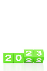  VERTICAL 2023 new year, happy new year 2023, 3d illustration of 2023 GREEN dices turning year from 2022 to 2023. white background with empty space for text