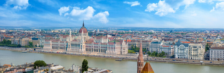 Hungary, panoramic view of the Parliament and Budapest city skyline in historic center.