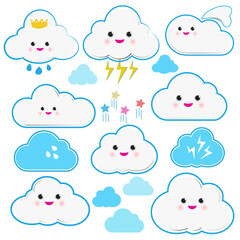 Clouds with cute faces on white background