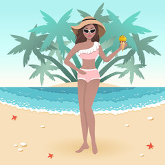 Obraz na płótnie Canvas Sexy beautiful women in bikini in hat with ice cream on the beach with palm. Summertime. Summer outdoor activity. Vacation. Travel and relax. Colorful poster. Vector illustration. Seaside. Starfish