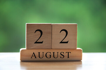 August 22 calendar date text on wooden blocks with blurred background park. Copy space and calendar concept