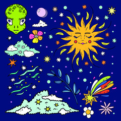 Large vector set of retro psychedelic space. Illustrations are hand-drawn, doodle style