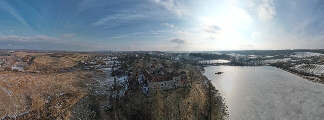 Aerial pamorama view over Svirzh Castle in Lviv region, Ukraine.