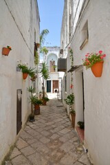 Fototapeta na wymiar A street in the historic center of Specchia, a medieval town in the Puglia region, Italy.