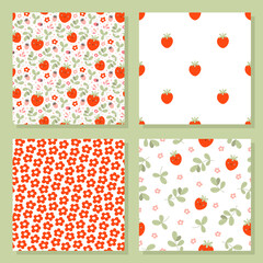 Cartoon strawberry with leaves and tiny flowers. Set of vector seamless patterns. Cute berry character.