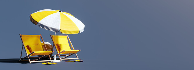 Two beach chairs with yellow parasol on dark gray background 3D Rendering, 3D Illustration © hd3dsh