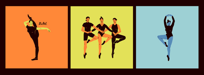 Ballerinas in different poses. Dancing women. Beautiful women silhouettes. Fitness, classical dancing, ballet school concept. Hand drawn modern Vector illustration. Cartoon style isolated characters © Dariia