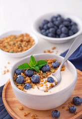 Plant based organic yogurt made from almond milk topped with granola and fresh blueberries; copy space