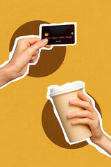 Collage portrait of person buying coffee using wireless credit card to pay isolated on pastel...