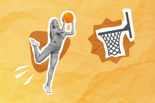 Creative collage composition with black white color effect woman playing basketball with orange isolated on paper pastel background