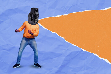 3d retro abstract creative artwork template collage of guy video camera instead of head isolated blue orange drawing background