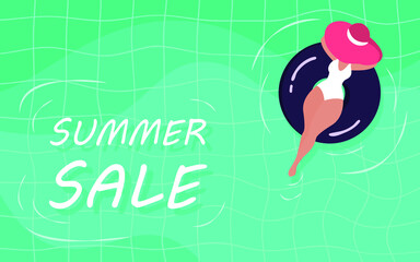 Summer Sale poster and banner template with Women on round pool floats in the tiled pool Background. Sale banner Design for Summer in flat lay styling. Promotion and shopping template for Summer