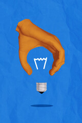 Exclusive minimal magazine sketch image of drawing arm holding electric lamp isolated blue painting background