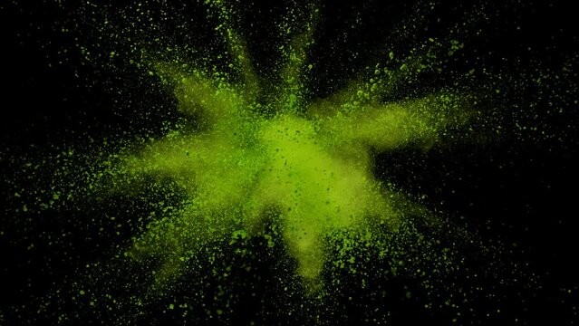 Super Slow Motion of Green Powder Explosion Isolated on Black Background. Filmed on High Speed Cinema Camera, 1000fps.