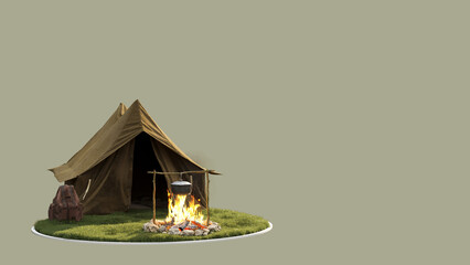 3D picture  camping, campfire tent in the forest - obrazy, fototapety, plakaty